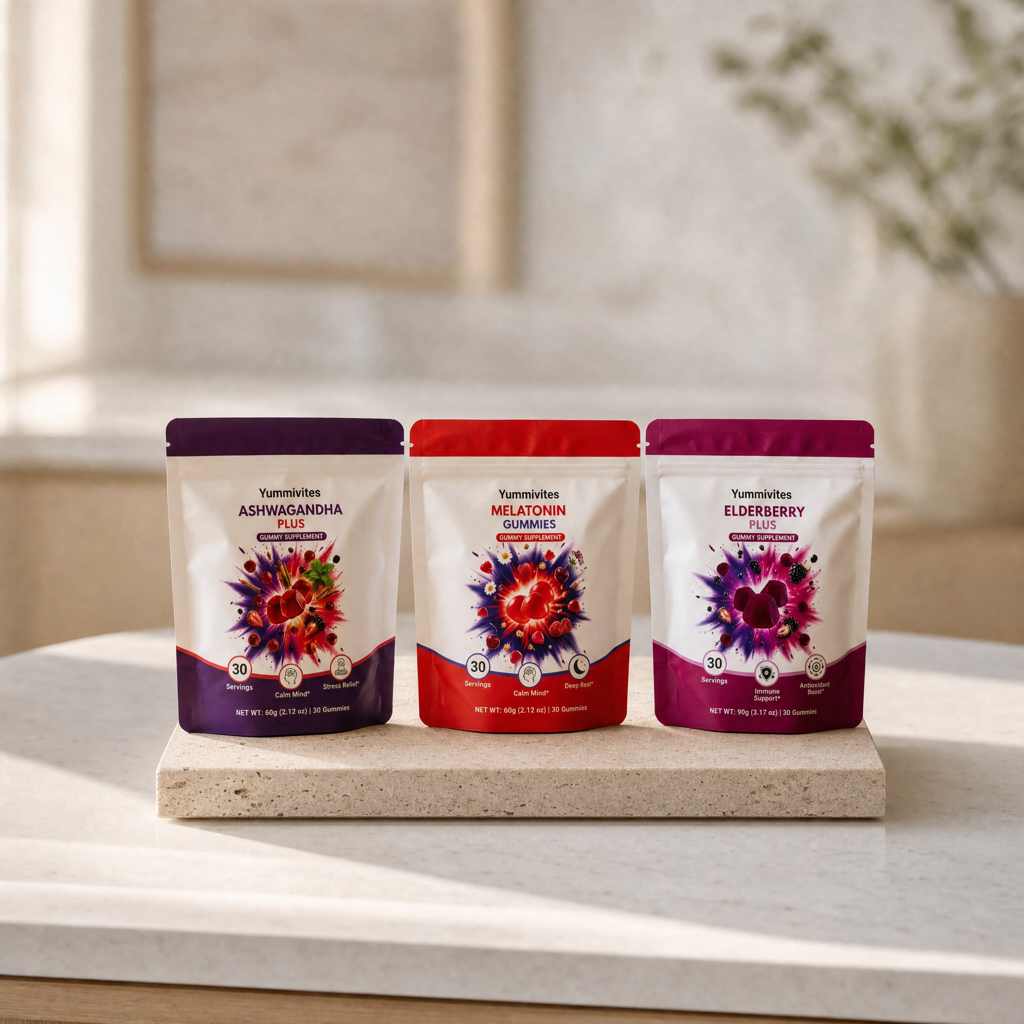 The Botanical Recovery Trio: Ashwagandha Plus, Melatonin and Elderberry Plus gummies