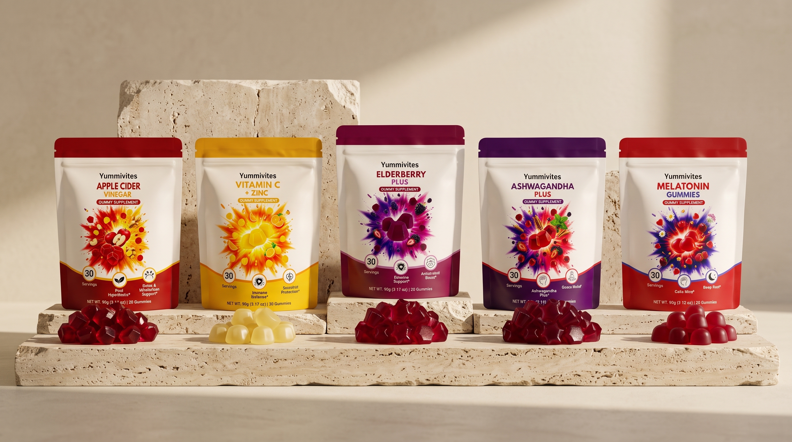 The Yummivites collection: Ashwagandha Plus, Melatonin, Elderberry Plus, Apple Cider Vinegar + Ginger, and Vitamin C + Zinc gummy pouches